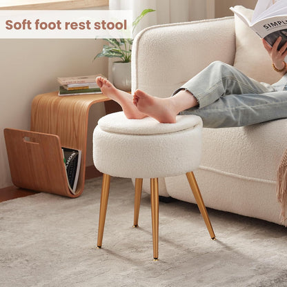 Small Vanity Stool Chair with Storage and Folding Back,4 Metal Legs with Anti-Slip Feet,Round Ottoman with Velvet Seat, Furry Padded Seat for Makeup, Bedroom (Black, Small)