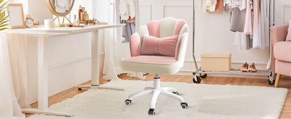 Chair with Bow Cushion Velvet Vanity Chair with Wheels, Upholstered Home Office Chair for Girls Women, Mid-Back Swivel Computer Task Chairs for Living Room Bedroom