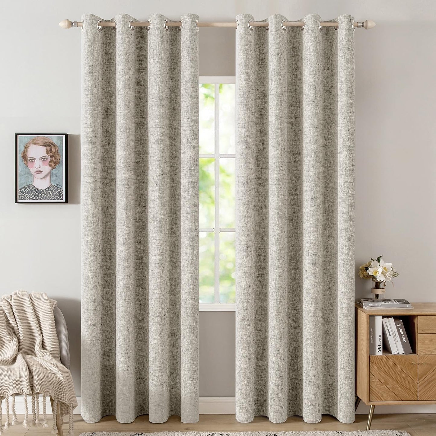 100% Blackout Linen Textured Curtains for Bedroom Solid Thermal Insulated Natural Beige Grommet Room Darkening Curtains & Drapes Luxury Decor for Living Room Nursery 52 x 84 Inch (2 Panels)