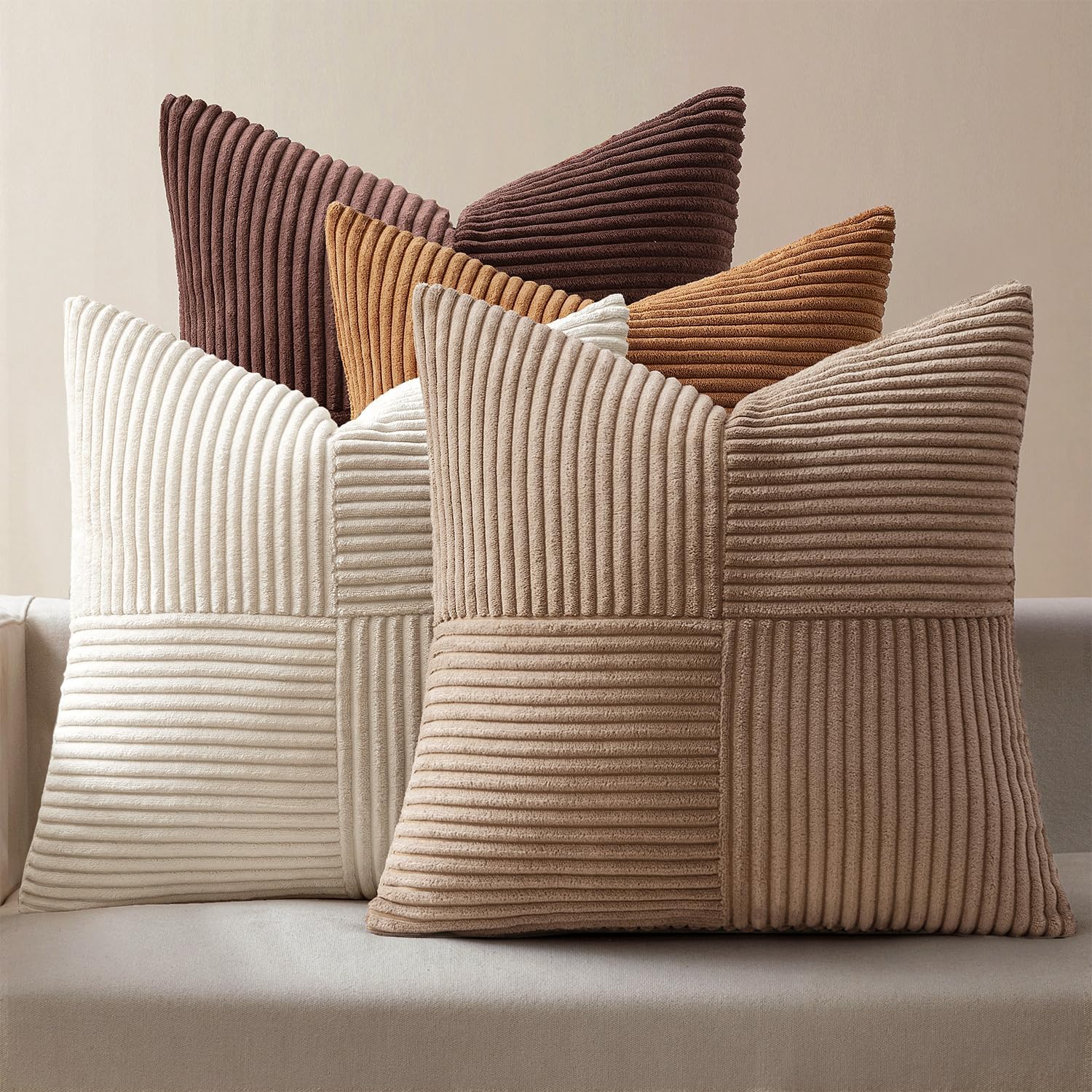 MIULEE Teal Orange Decorative Throw Pillow Covers 18x18 Inch Set of 4 Boho Corduroy Striped Cushion Cases Modern Farmhouse Patchwork Pillow Cases for Couch Sofa Bedroom Home Decor