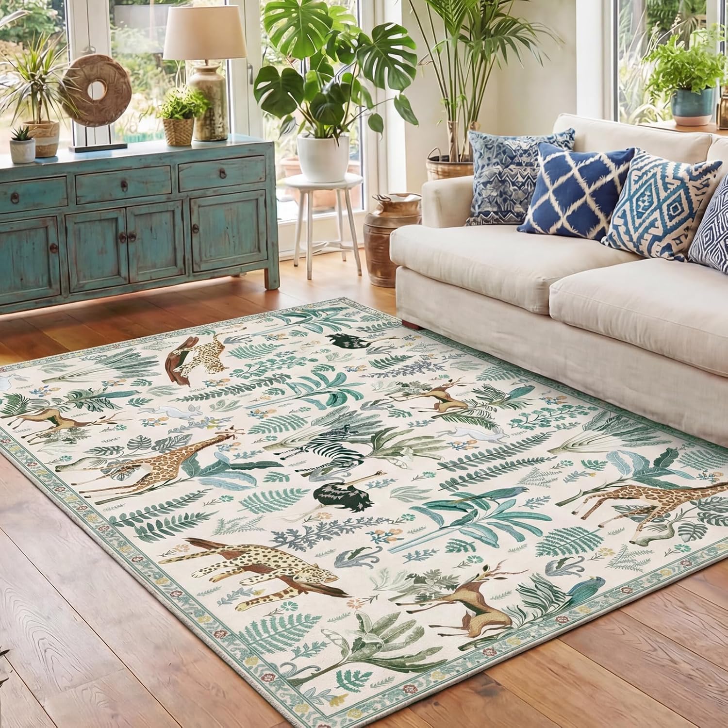 Soft Area Rugs 5x7, 5x7 Washable Rug with Non Slip Backing, 5 x 7 Faux Cashmere Low-Pile Carpet, Navy Blue & Gold