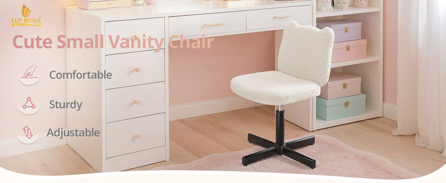 Adjustable Vanity Stool Chair with Girly Bear Ear Wide Back, 360° Swivel Vanity Stool for Makeup Room, Upholstered Teddy Velvet Ottoman for Teen Girls, 350lbs, Beige
