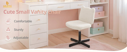 Adjustable Vanity Stool Chair with Girly Bear Ear Wide Back, 360° Swivel Vanity Stool for Makeup Room, Upholstered Teddy Velvet Ottoman for Teen Girls, 350lbs, Beige