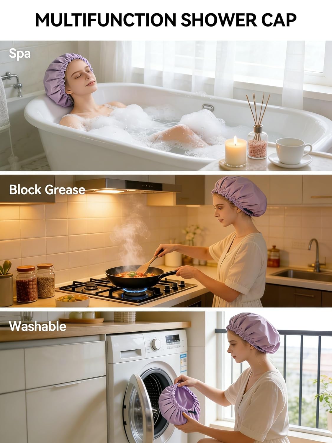 Shower Cap,Extra Adjustable Shower Caps for Women Double-Layer Waterproof Reusable Hair Cap, Large Size Hair Cap for All Hair,for Girls Spa Bath,Soft and Comfortable (Purple)