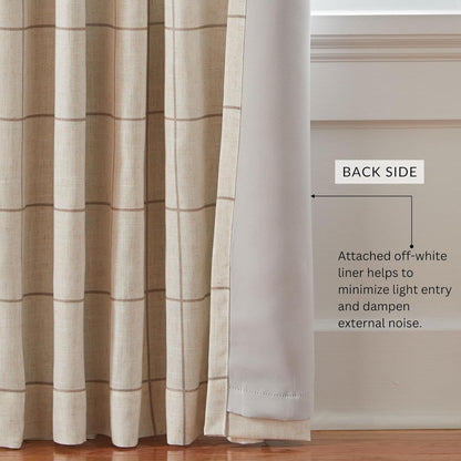 Fashions Brighton Windowpane Plaid Blackout Window Curtain, Living Room and Bedroom Drape with Rod Pocket Tabs, 52" x 84", Linen, 1 Panel