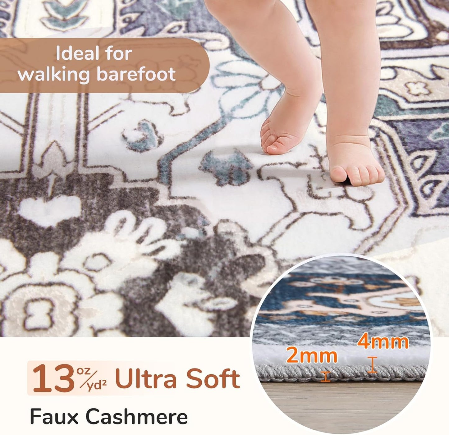 Soft Area Rugs 5x7, 5x7 Washable Rug with Non Slip Backing, 5 x 7 Faux Cashmere Low-Pile Carpet, Navy Blue & Gold