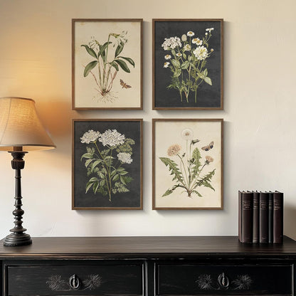 Framed Vintage Botanical Wall Art Bedroom, 4 Piece Rustic Farmhouse Floral Canvas Prints Artwork, Neutral Flower Butterfly Pictures for Modern Farmhouse Living Room Kitchen Bathroom Wall Decor, 11x14