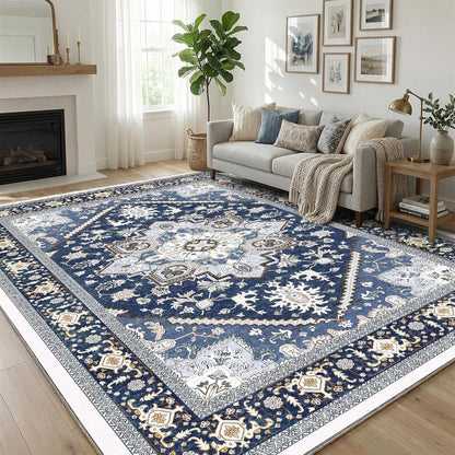 Soft Area Rugs 5x7, 5x7 Washable Rug with Non Slip Backing, 5 x 7 Faux Cashmere Low-Pile Carpet, Navy Blue & Gold